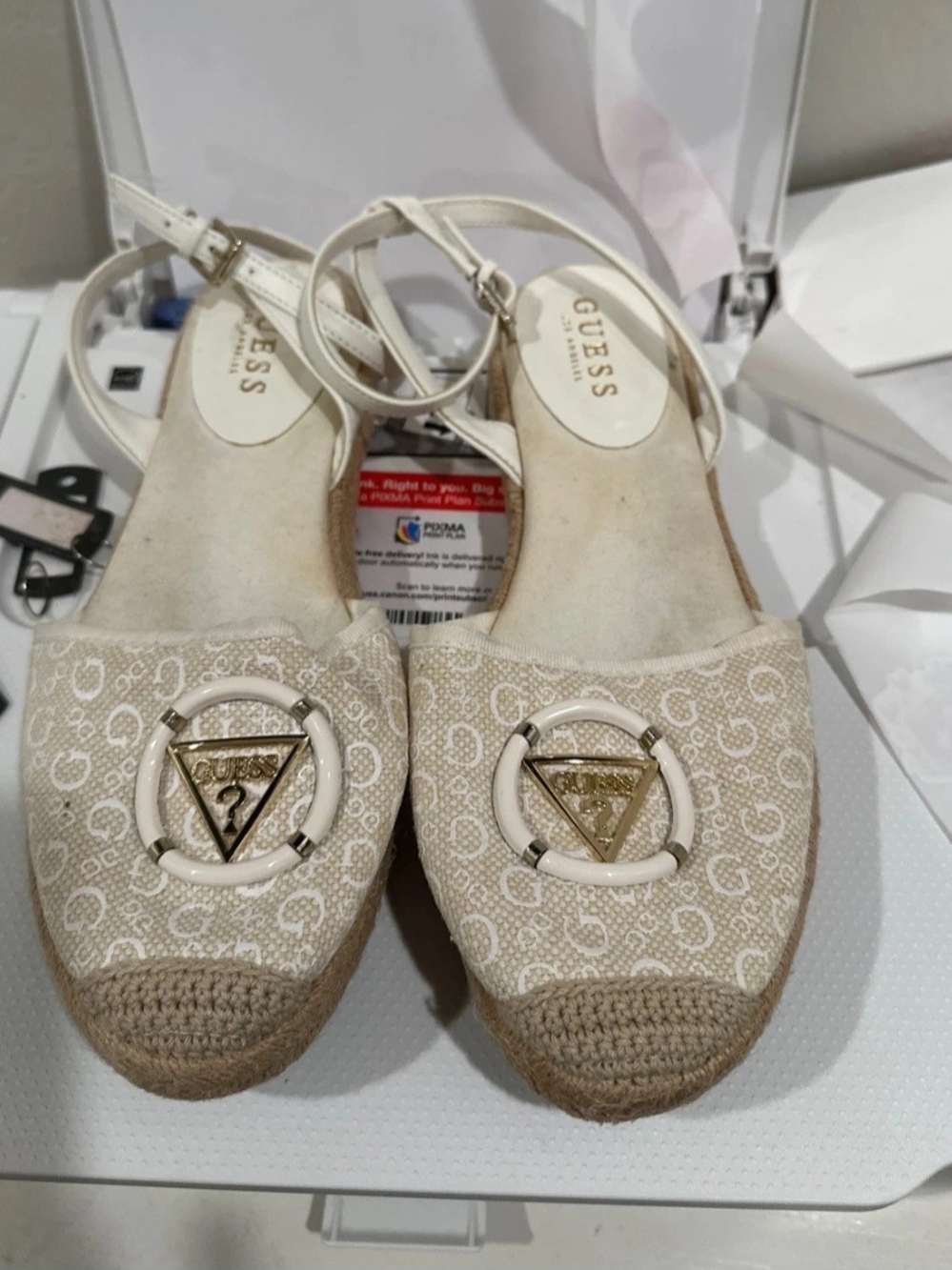 GUESS Cream Monogram Espadrille Slingback Wedges with Gold Logo